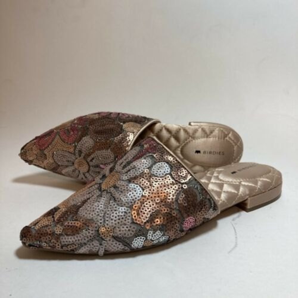 Birdies Sequined Floral Pointed Toe Flats in Metallics and Pink